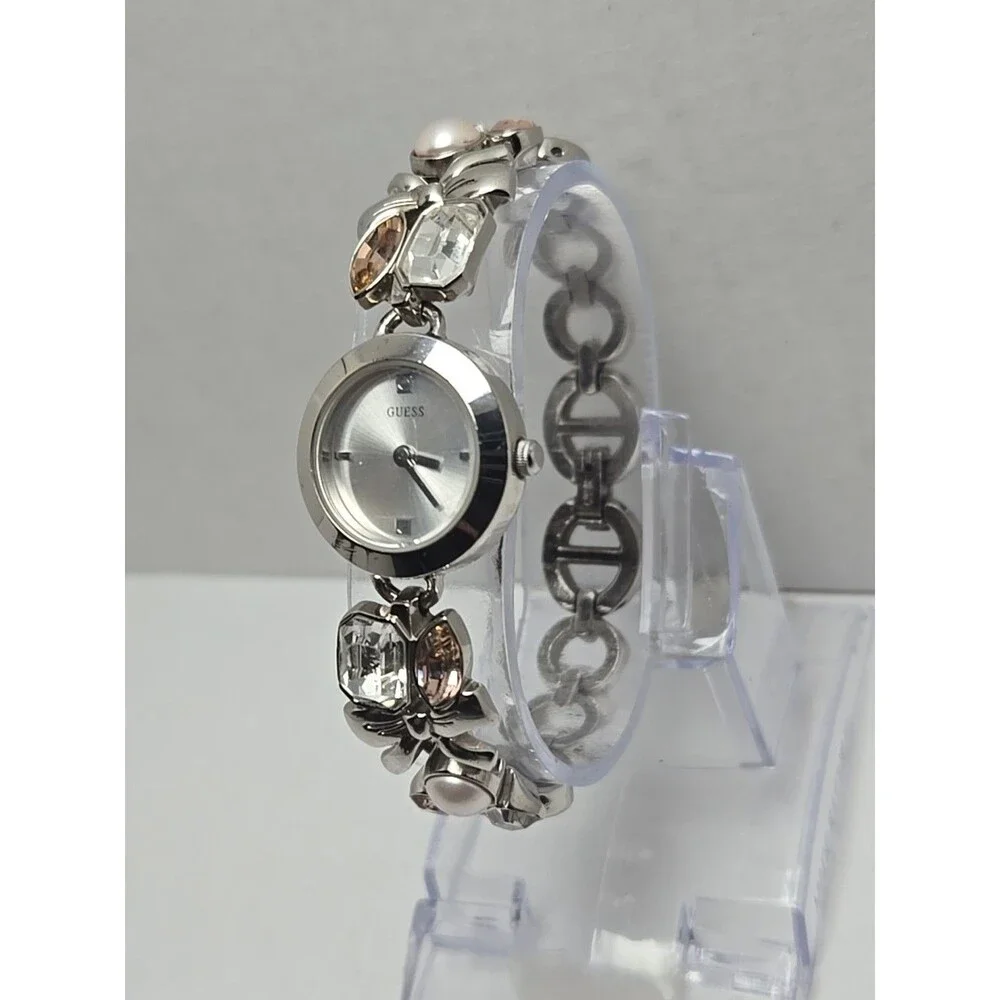 Womens Guess Pink Marquise Crystal Pearls Bows Silver Bracelet Watch New Battery